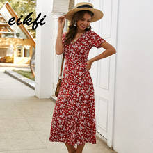 EIKFI Women Allover Print Ditsy Floral Belt Dress Spring Summer Lady Multicolor V Neck Short Sleeve Split Hem Boho Maxi Dress 2024 - buy cheap