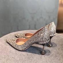 High Heel Women Silver Pointed Wedding Shoes Female Bling Sequins Shallow Bridal Shoes Crystal Stud Banquet Shoes 2024 - buy cheap