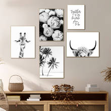 Black and White Highland Cow Giraffe Canvas Art Nordic Painting Poster and Print Palm Beach Flower Wall Picture for Living Room 2024 - buy cheap