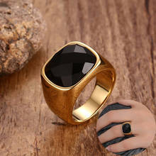 Anillo de piedra de cornalina negra para hombre, anillo cuadrado de acero inoxidable, Color dorado, joyería Vintage para hombre 2024 - compra barato