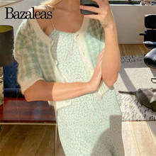 Bazaleas France Center Buttons Sweaters Chic Women Sweater Light Green Tartan pull femme Cardigan Casual buttons Knitted Tops 2024 - buy cheap
