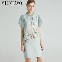 MIUXIMAO 2021 Spring Summer Diamond-studded Light Blue Mesh Stitching Short Sleeve Elegant Fashion Casual Dress Vestidos Women 2024 - buy cheap