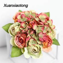 Xuanxiaotong novo hydrangea flores artificiais rosa peônia buquês de noiva suporte para decoração de casamento acessórios bouquet curto 2024 - compre barato