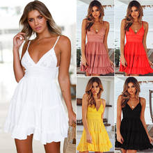 Summer ladies sleeveless spaghetti belt white lace mini dress ladies sexy backless V-neck beach summer dress 2024 - buy cheap