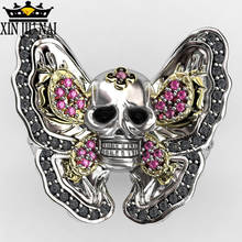 Anillo gótico de amatista cúbica y circonita para mujer, anillo de calavera de mariposa, Color plateado, banda Punk, anillo de cóctel de esqueleto, Vintage 2024 - compra barato