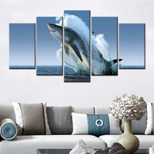 Arte da parede pintura em tela 5 painel saltando superfície de água branco tubarão imagem impressão moderno nórdico cartaz casa sala estar decoração 2024 - compre barato