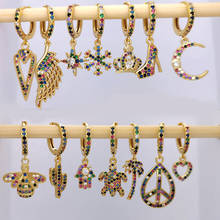 Pendientes de aro pequeños para mujer, aretes con forma de corazón, abeja, Luna, Cactus, hoja, árbol, estrella, caballo, ala, CZ, arcoíris, joyería de Color dorado 2024 - compra barato