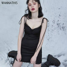 WannaThis Spaghetti Strap Drawstring Satin Mini Dresses V-Neck Black Front Ruched Backless Lace up Sexy Women Party Dresses Slim 2024 - buy cheap