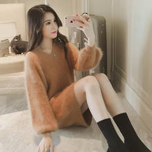 Women's Long Sweater 2020 Autumn Winter Fashion V-neck Mohair Pullovers Large Size Loose Mink Velvet Knitted Sweater Dress W2144 2024 - buy cheap