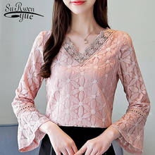 fashion women blouses 2021 long sleeve lace blouse shirt women tops pink V-neck blouse women blusa feminina shirt women 0909 40 2024 - buy cheap