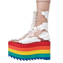 Rainbow Platform Woman Shoes Cloud Printing Super High Heel Mid-calf Boots Cross tied Lace up Ladies Transparent PVC 2024 - buy cheap