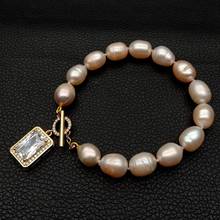 YYGEM-pulsera de perlas de agua dulce y arroz rosa para mujer, brazalete de hilo de 8 pulgadas, Circonia cúbica, cierre de palanca rectangular 2024 - compra barato