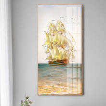 Pintura en lienzo de mar y velero dorado, arte moderno de pared, paisaje marino, póster, cuadro de pared nórdico para sala de estar 4-36 2024 - compra barato