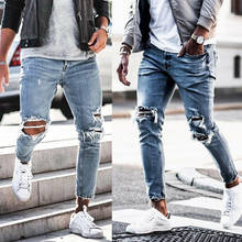 Men's Blue Hole Jeans Denim Pants Hip Hop Streetwear Fashion Trousers Slim Fit HH151 2024 - buy cheap