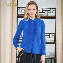 VOA 18m/m Silk Double Crepe Stand Collar Long-sleeved Single-breasted Placket Wood Ear Pleated Straight Women Blouses B9588 2024 - buy cheap