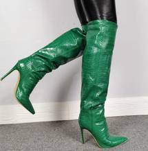 Linamong Woman Green Python Leather Stiletto Heel Knee High Boots Real Photos Pointed Toe Elegant Slip On High Heels Long Boots 2024 - buy cheap