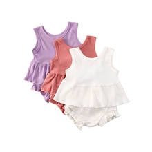 Blusa e shorts com babados para meninas, roupas de verão para bebês com tecido canelado, de algodão, sem mangas, para crianças e bebês 2024 - compre barato