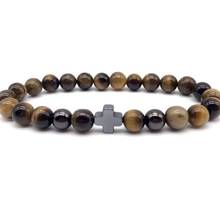 Cruz Negra de 8mm, cuentas de ágata multicolor Bohemia, chacras, Reiki, Buda, pulsera de Yoga, brazaletes de piedra volcánica ajustables elásticos ukgr 2024 - compra barato