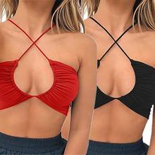 Women Summer Sexy Halter Bandage Crop Top Cut Out Front Ruched Bralette Camisole Criss Cross Lace-Up Backless Bustier 2024 - buy cheap