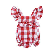 Bebê da criança meninas vermelho plaids bodysuit macacão voltar cruz babados manga curta um pieces outfits verão 0-18m 2024 - compre barato