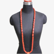 4UJewelry Nigerian Wedding Jewellery Set With Big Coral in the Middle Men's Necklace Bracelet Set 2019 Genuine Coral Beads African Groom Set Long Design Edo Traditional Bridal Nature Coral Jewelry Set 3 Pieces Indian 2024 - buy cheap