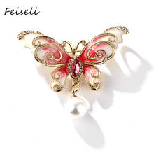 Feiseli Cute Creative Rhinestone Insect Butterfly Brooch For Women Sweater Collar Corsage Faux Pearl Lapel Pin Fashion Jewelry 2024 - buy cheap