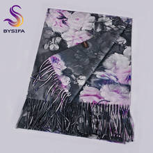 BYSIFA-bufandas de lana de color gris y rosa para mujer, chales de estilo peonías, chal largo Pashmina de marca de lujo para el cuello, Invierno 2024 - compra barato