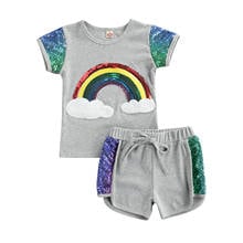 New Girl’s T-shirt and Shorts Set Fashion Rainbow Sequin Short Sleeve Tops and Bandage Short Pants 2024 - buy cheap