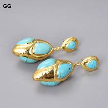 GuaiGuai Jewelry 17x33MM Blue Turquoise Gems Stone Yellow Gold Plated Earrings 2024 - buy cheap