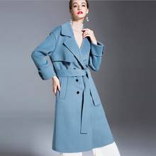 Abrigo de lana para mujer, abrigo largo medio, temperamento coreano, Popular, talla grande, azul, Otoño e Invierno 2024 - compra barato