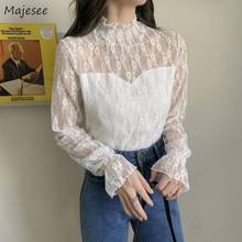 Shirts Women Lace Stand Solid Korean Sweet Style Cute Elegant Design Breathable Sexy Spring Outerwear High Street Fashion Ladies 2024 - buy cheap