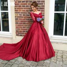 E JUE SHUNG Luxury Red Beaded Wedding Dresses Off Shoulder Long Sleeve Illusion Button Back Bridal Gowns Satin Robe De Mariee 2024 - buy cheap