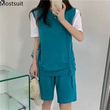 Conjunto de pantalones cortos de punto para mujer, Jersey sin mangas y pantalones cortos, chándales informales a juego, moda coreana, color liso, verano 2021 2024 - compra barato