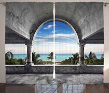 Ocean Window Curtains Beach and Palm Tree View from an Abandoned Mansion Coastal Charm Peaceful Image Living Room Bedroom Decor 2024 - buy cheap