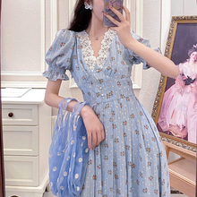 Summer Elegant Chiffon Dress Women Vintage Print Floral Puff Sleeve Casual Female Dress V-neck Pretty Party Lace Dress 2021 New 2024 - buy cheap