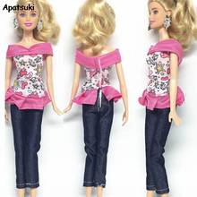 PINK Doll Accessories For Barbie Doll 1/6 Doll Clothes For 1:6 BJD Dolls Floral Off Shoulder Tops Long Jeans Pants Girl Kids Toy 2024 - buy cheap