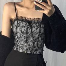 Top Sexy de encaje con lazo para mujer, camisola básica para chica, Top corto ajustado negro, camisetas sin mangas 2021 2024 - compra barato