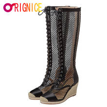 Orignice Women Platform 8cm Wedges Heels Breathable Knee High Boots Hollow Out Cross Tie Sandals Round Toe Zipper Summer Shoes 2024 - buy cheap