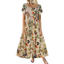 Womens Long Dress Plus Size Casual Short Sleeve Boho Retro Cotton Linen Print Maxi Dress Casual Loose Beach Sundress Vestidos 2024 - buy cheap