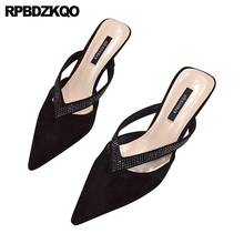 Sapatos de camurça preto gatinho com strass salto médio fino diamante à noite tamanho 4 34 sapatos femininos com desconto bico fino 2024 - compre barato