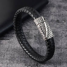 Genuine Leather Bracelet Fashion Men Jewelry Stainless Steel Magnetic Clasp Braided Black  Punk Rock Leather Bangle 2024 - buy cheap