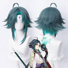 2021 New Game Genshin Impact Xiao Wig Cosplay Mixed Dark Green Blue Short Heat Resistant Hair Adult Halloween Role Play 2024 - buy cheap