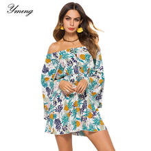 YMING Women Summer Mini Dress Floral Print Off Shoulder Dresses Beach Flare Sleeve Casual Boho Dress Femme Elegant Vestidos 2024 - buy cheap