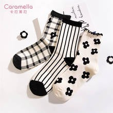 Caramella 2020 New Cotton Women Socks 3Pairs/Lot Black White Short Socks Black Stripe Girls Socks Comfy Flower Female Socks 2024 - buy cheap