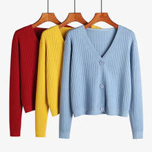 Suéter curto de manga longa feminino, decote v de malha com botão, cardigã coreano, roupas para outono e inverno 2024 - compre barato