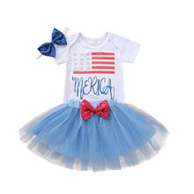 Citgeett Summer Infant Baby Girls Three-Piece Set Flag Print Lettering Romper Mesh Skirt Bow HairBand Independence Day Clothes 2024 - buy cheap