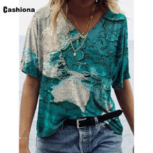 Cashiona 2021 World Map Print Tees Shirt Women V-neck T-shirt Summer New Loose Female Tops Casual Pullovers Plus Size S-3XL 2024 - buy cheap