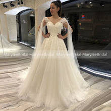 Fairy Lace Appliques Wedding Dress With Ostrich Feather Elegant V-neck Tulle Ribbon Bridal Dress Made To Measure Robe De Mariee 2024 - buy cheap