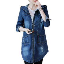 Las mujeres con capucha Casual Denim chaqueta moda agujeros dama largo medio vaqueros Slim Plus tamaño chaqueta 2024 - compra barato