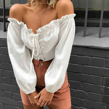 Blusa feminina curta tomara que caia, camiseta lace sexy branca de manga comprida com babado e gola canoa 2024 - compre barato